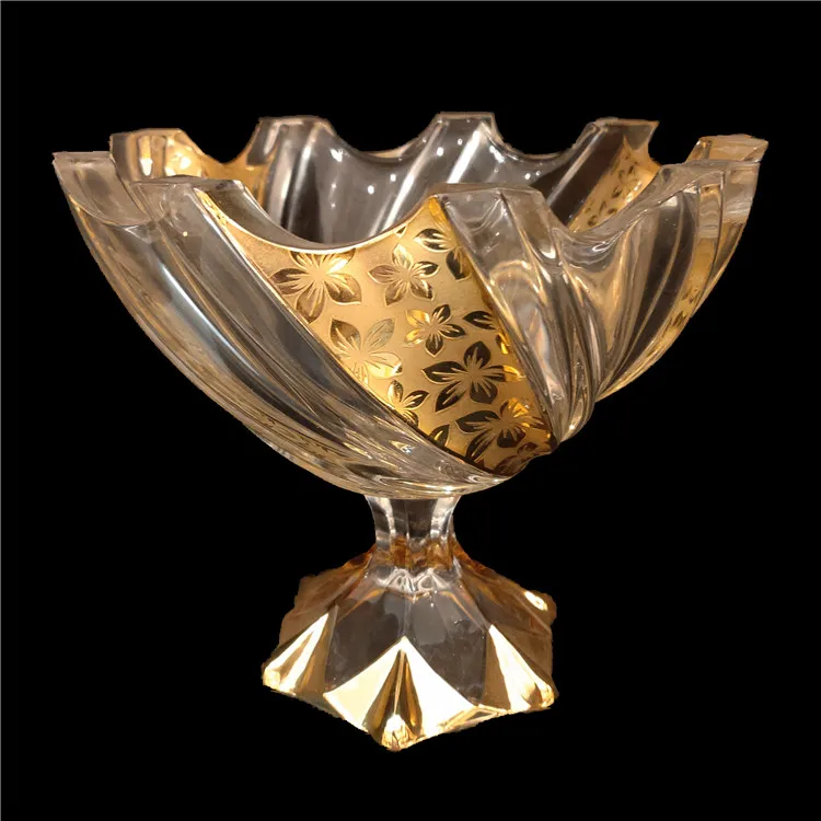 

Engraved antique golden plating candy plate glass fruit plate with stand