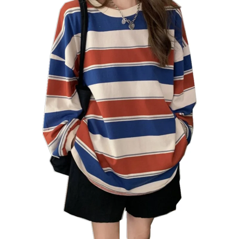 

LXY Spring Hoodies Striped Sweatshirt Streetwear Women's Oversize Pullover Fashion Long Sleeve Tops, As picture