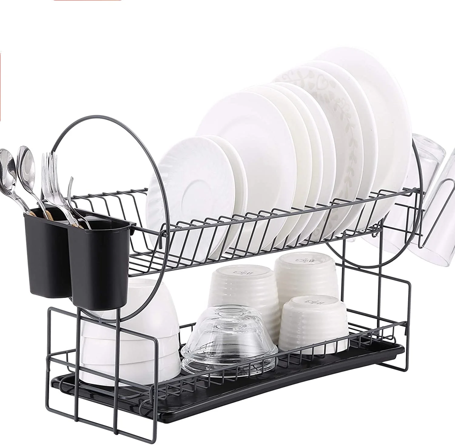 

2 Tier Dish Rack, Kitchen Dish Drying Rack with Drainboard/Cutlery Cup (Dark Gray), Black