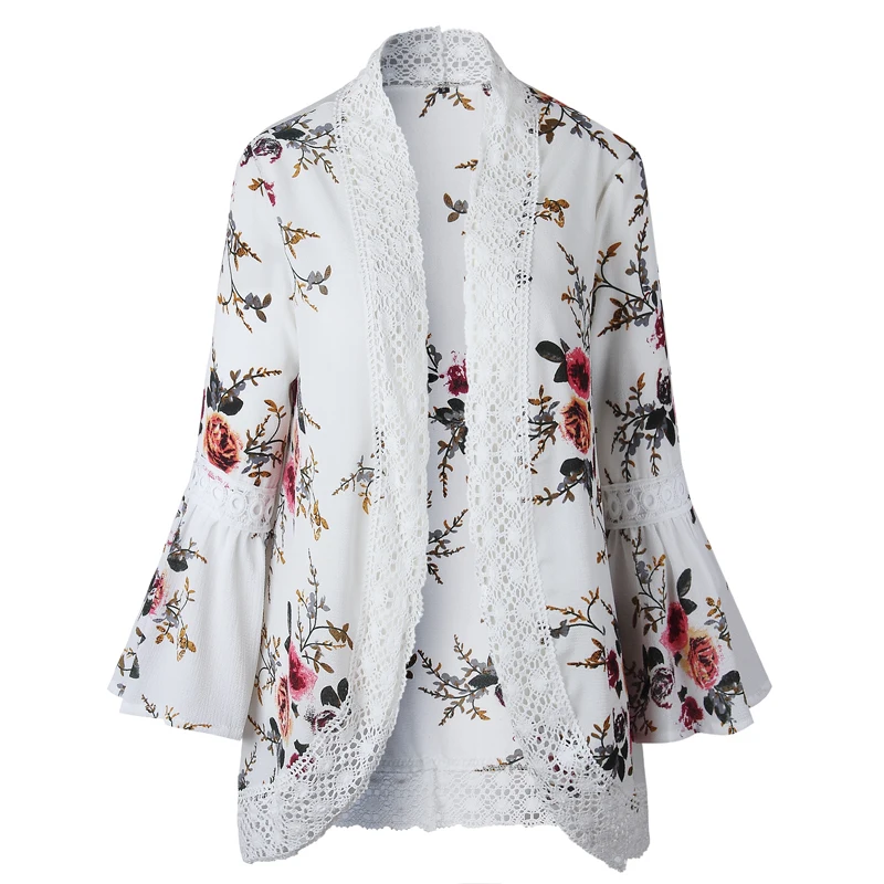 

2021 Amazon Summer Autumn Cardigan Lace Stitching Jacket with Flared Sleeves Chiffon Kimonos Women's Thin Coats, 8 colors