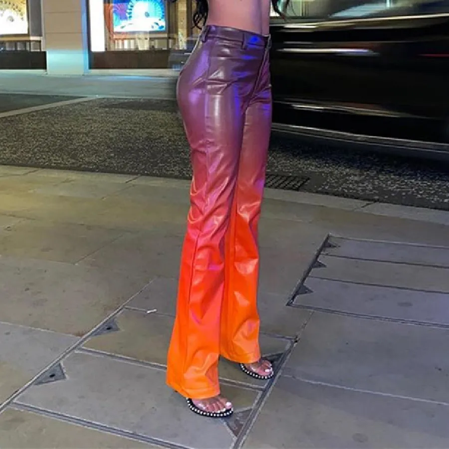 

Nibber K20P09743 2021 Spring Stylish High Waist Streetwear Gradient Vintage Punk Straight Faux PU Leather Trousers Women Pants, Orange