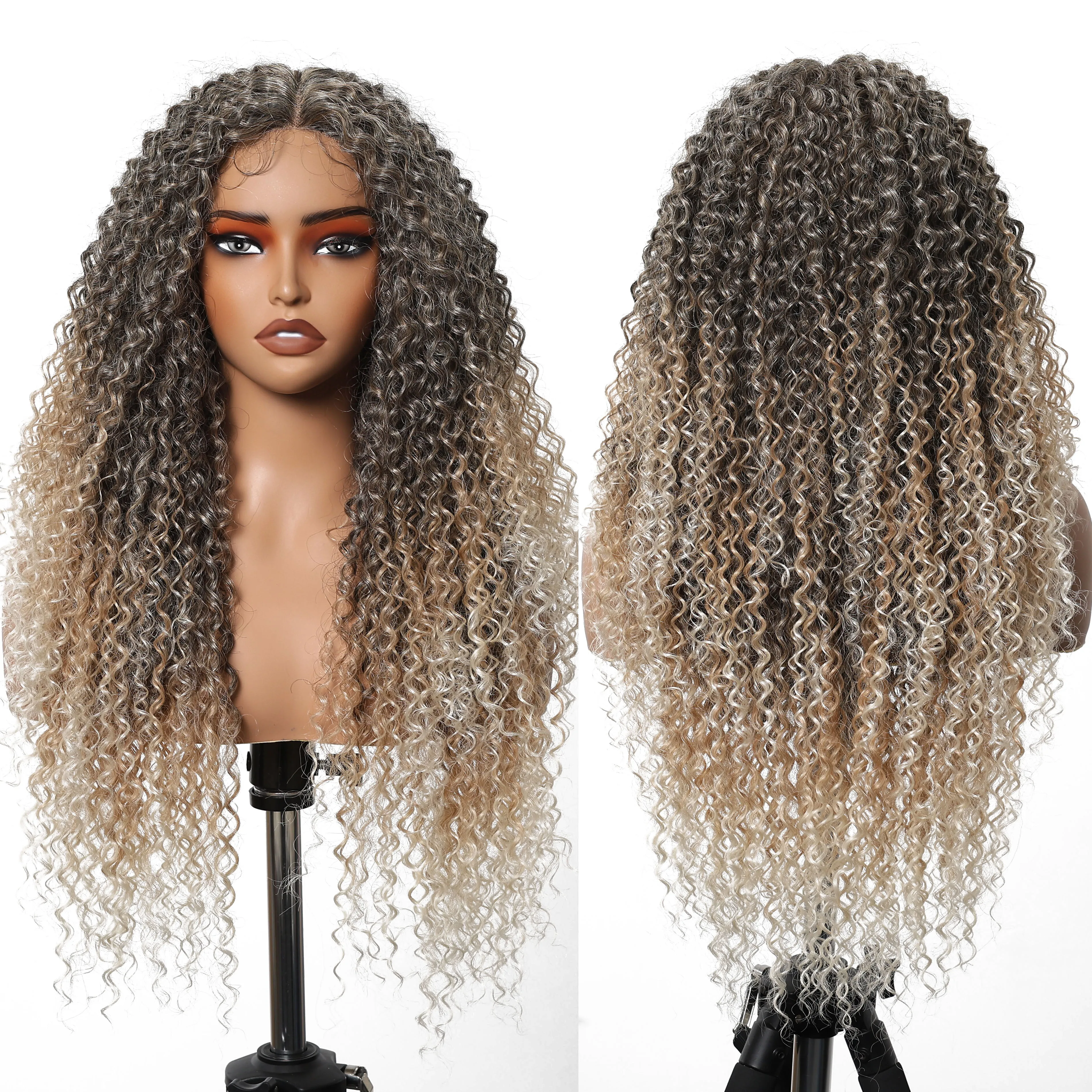 Future Fiber Gray Gradient Blonde Layered T-Shaped Front Lace Wig Long Super Curly Lace Synthetic Wig Heat Resistant Flexible