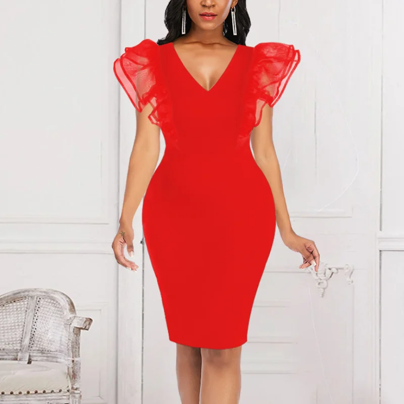 

Summer Patchwork Ruffle Sleeve High Waist Midi Women Office Career Dress