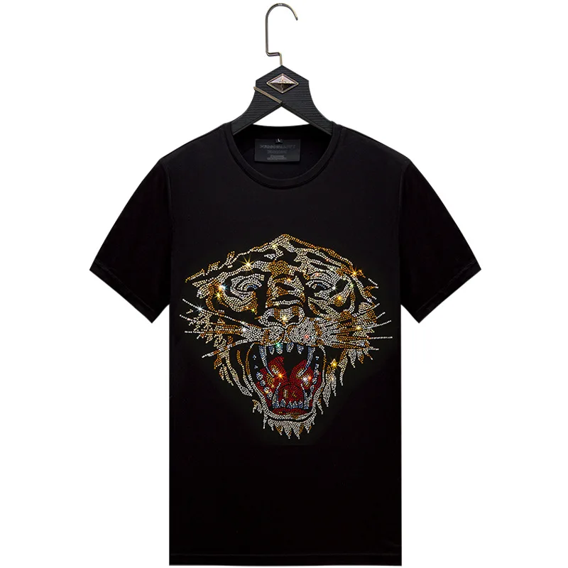 

Hot sale custom men black white summer casual fashion Hot drilling tiger rhinestone anime t shirts