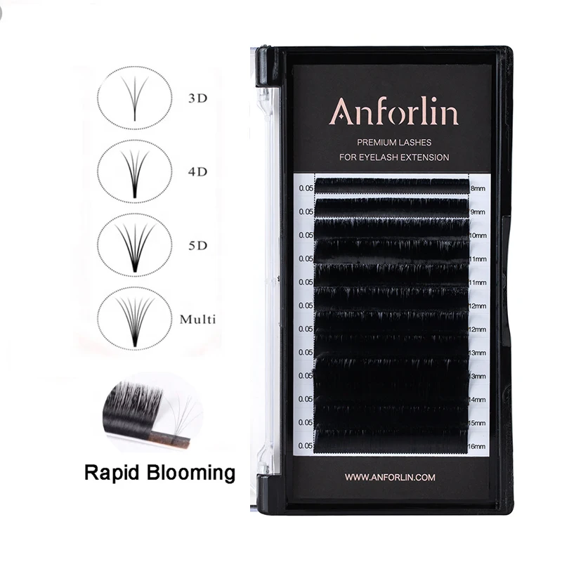 

Anforlin bulk korea quality silk eyelash extension private label blooming easy fans eyelash extension trays supplies, Matte black,glossy black,natural black,colord