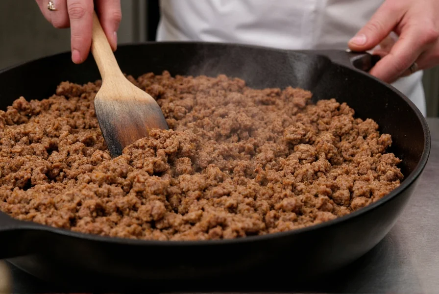 Professional chef browning ground chuck in cast iron pot for optimal chili flavor development