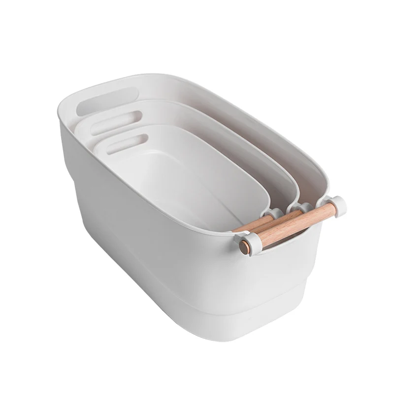 

Multipurpose plastic basket with wooden handle japanese style white storage basket for organization