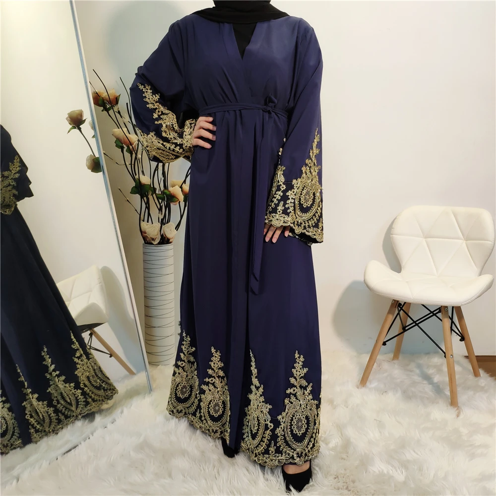 1495# Hot Selling Modest Navy Blue Abaya With Stunning Gold Lace Edging ...
