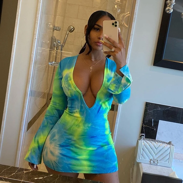 

Casual Sexy Deep V Neck Long Sleeve Skinny Bodycon Tie Dye summer Dress 2021 Ladies Tight Colorful Short Mini Dresses Women -PT, Light blue