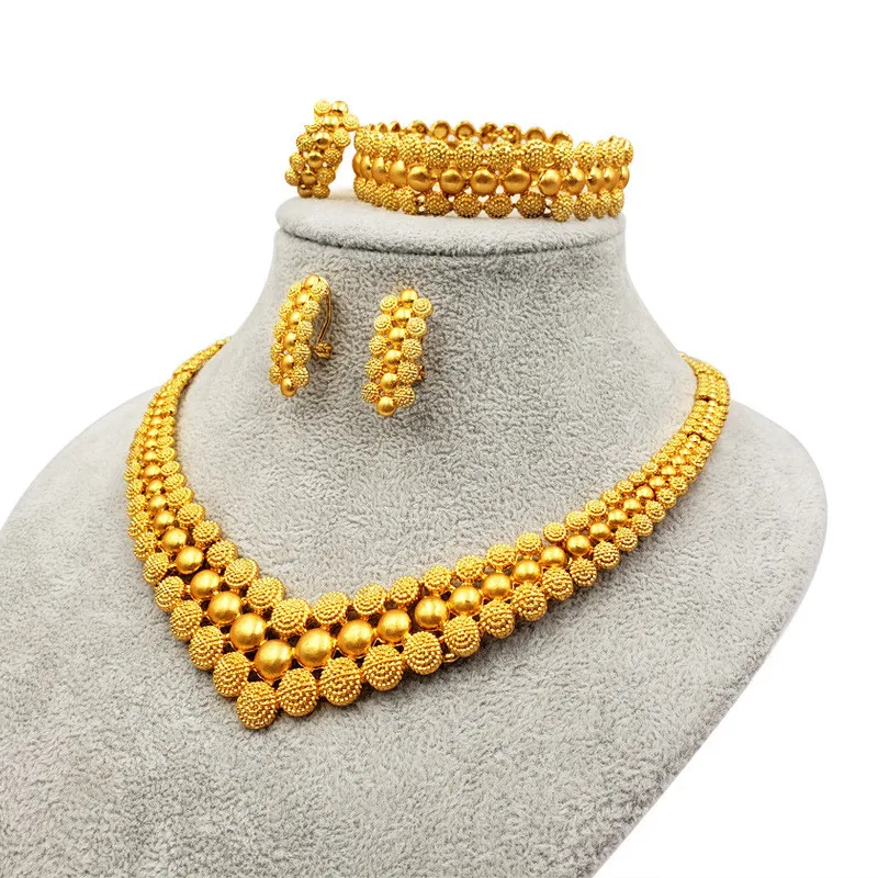 

Dubai 24K Gold Women's Jewelry Set Middle Eastern Bride Wedding Necklace Earrings Ring Bracelet Sets