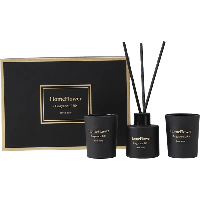 

Luxury Gift Set wedding Souvenir Black Matt Reed Diffuser with candle, Blue,orange,matcha, champagne