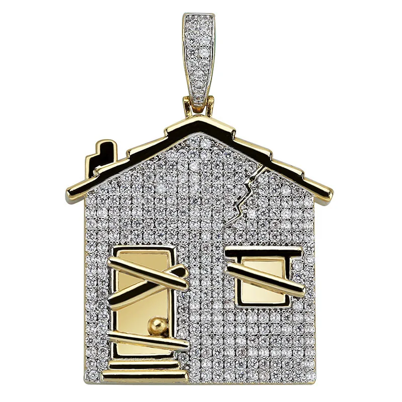 

Rapper Zirconia Shiny Gold Charm Trap House Family Home Necklace