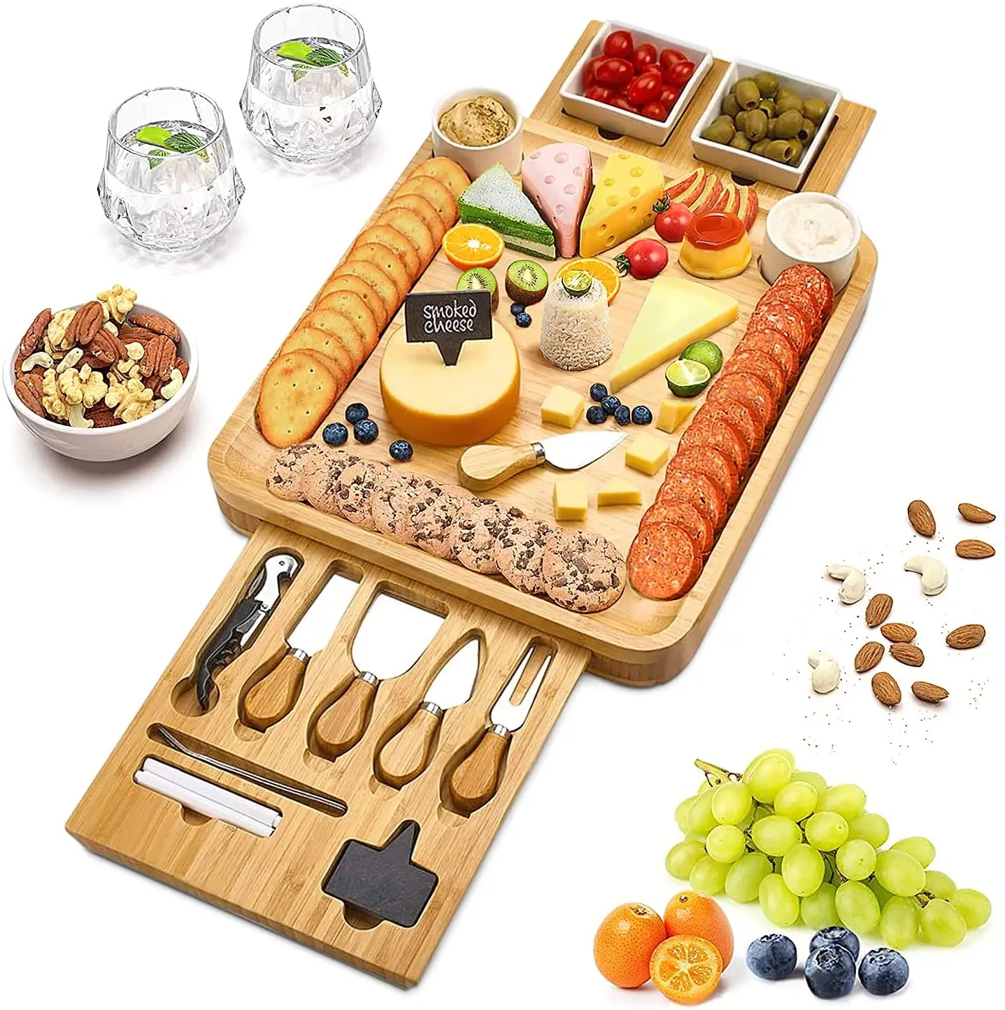 

Cheese Board and Knife Set Bamboo Wood Charcuterie Platter with Slide-Out Cutlery Drawer Serving Tray for Cheese meat fruit, Natural