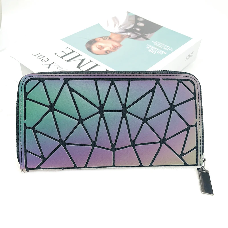 

Hot Selling Luminous Geometric reflective purse Wholesale long Zipper Wallet for women, Black, silver, white, red, rose, blue