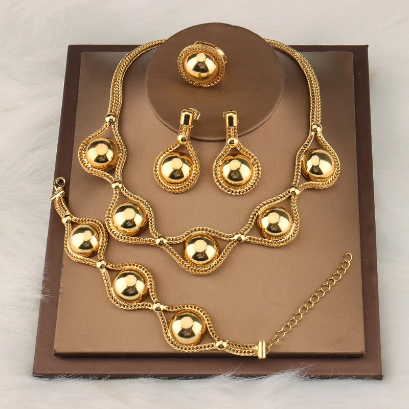 

OEM Womens Necklace Earring Ring Bracelet Full 24K Gold Plated Jewelry Set, Luxury Jewelry Set In Dubai Gold Set