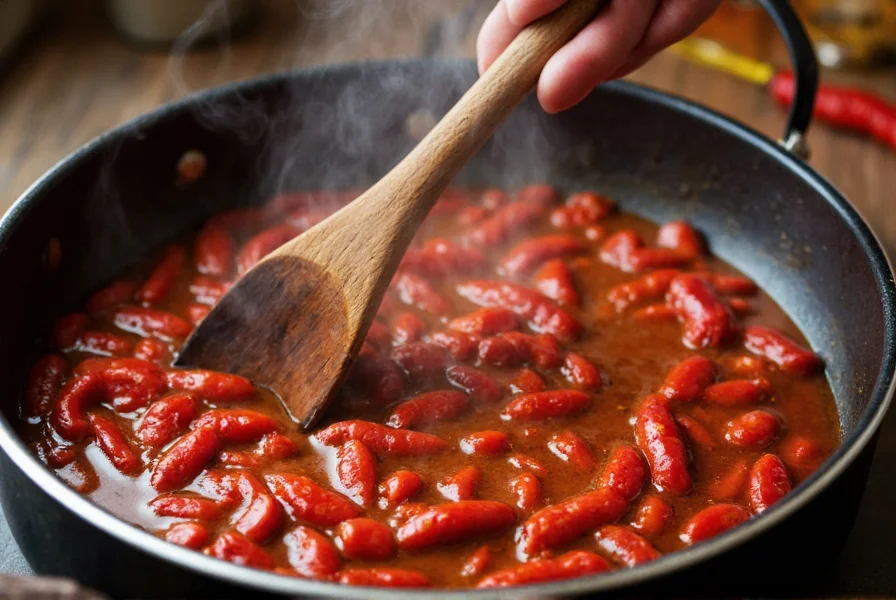Hand stirring a pot of chili with steam rising, showing the rich red color of well-spiced chili