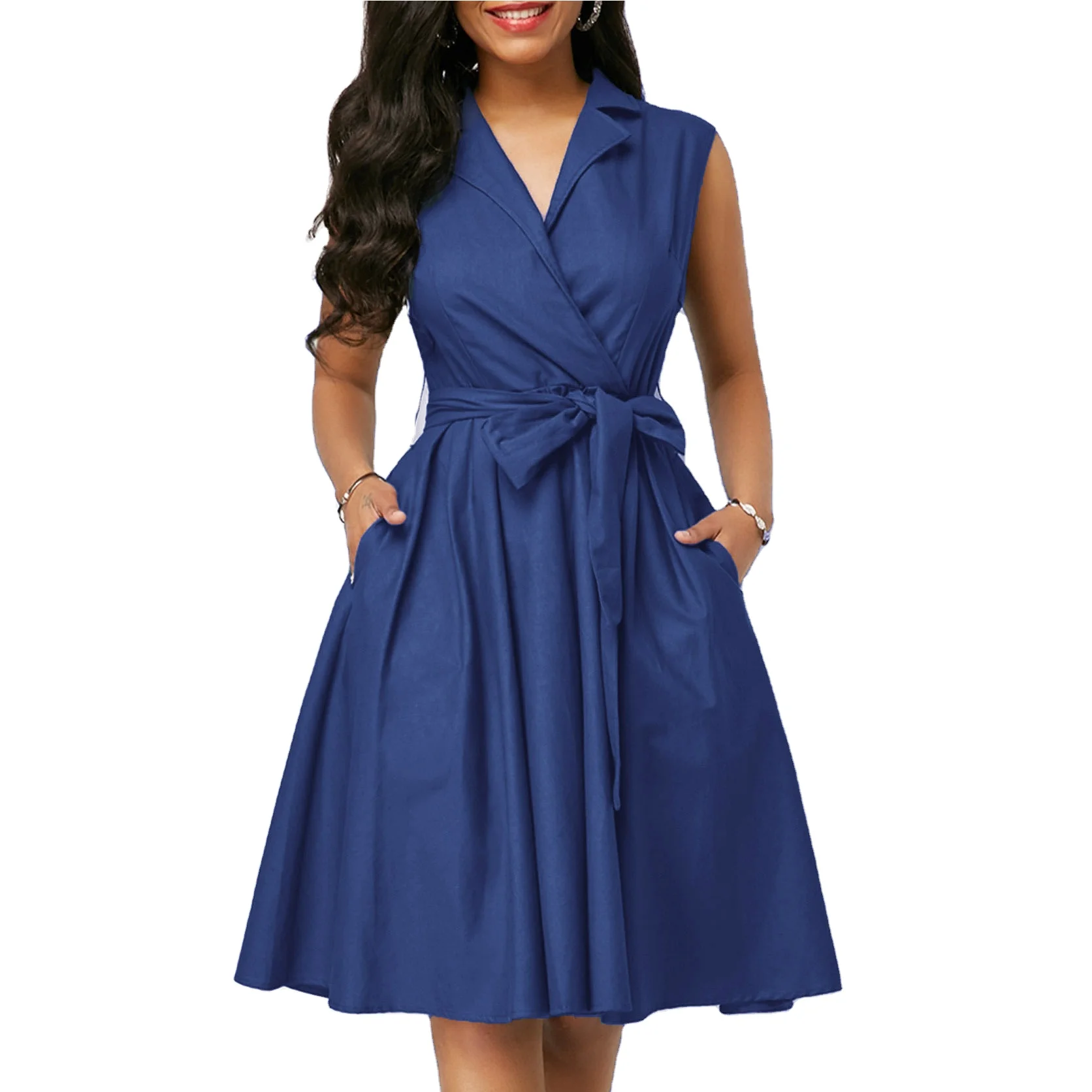 

Summer Temperament Sexy Belted High Waist Solid Color Commuter Sleeveless Midi Dress For Women