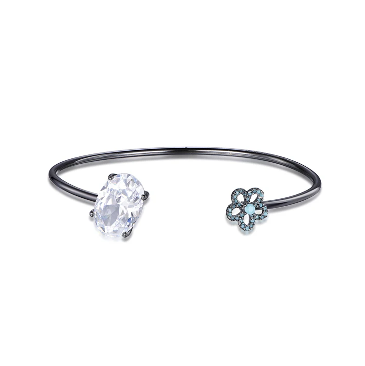 

Women White Crystal Blue Flower Shape Black Gold-plated Simple Silver Bracelet Charm Bracelets Kirin Jewelry Black Zinc Plated