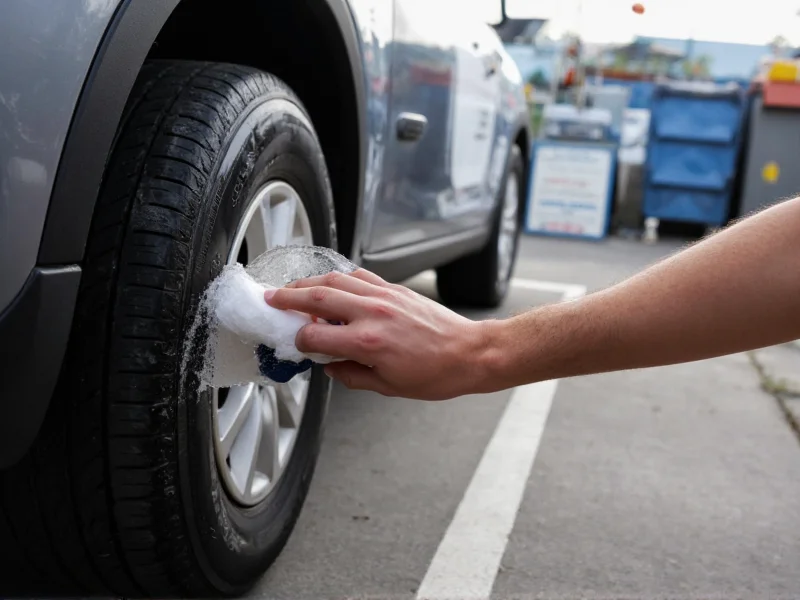 Person using foam brush on car tires at self-service station
