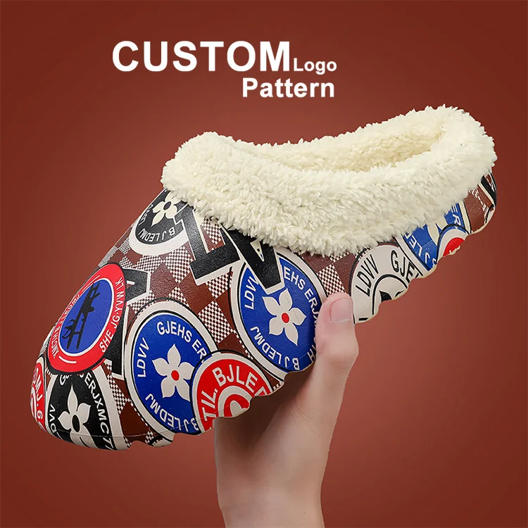 

Fashion Men Slippers Cotton Plush Warm Outdoors EVA Design Sole Graffiti Flat Waterproof Soft Couples Shoes Home Slippers, All color available