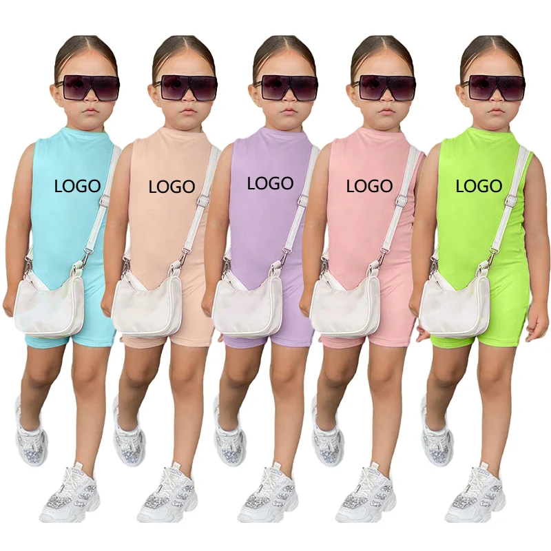 

2022 girls clothing sets custom embroidery kids summer one piece jumpsuit solid color bodycon jumpsuits for girls, 5 colors