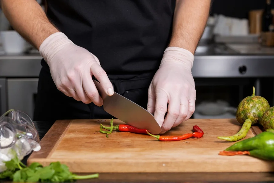 Professional chef wearing protective gloves and goggles while carefully handling dragon pepper on cutting board