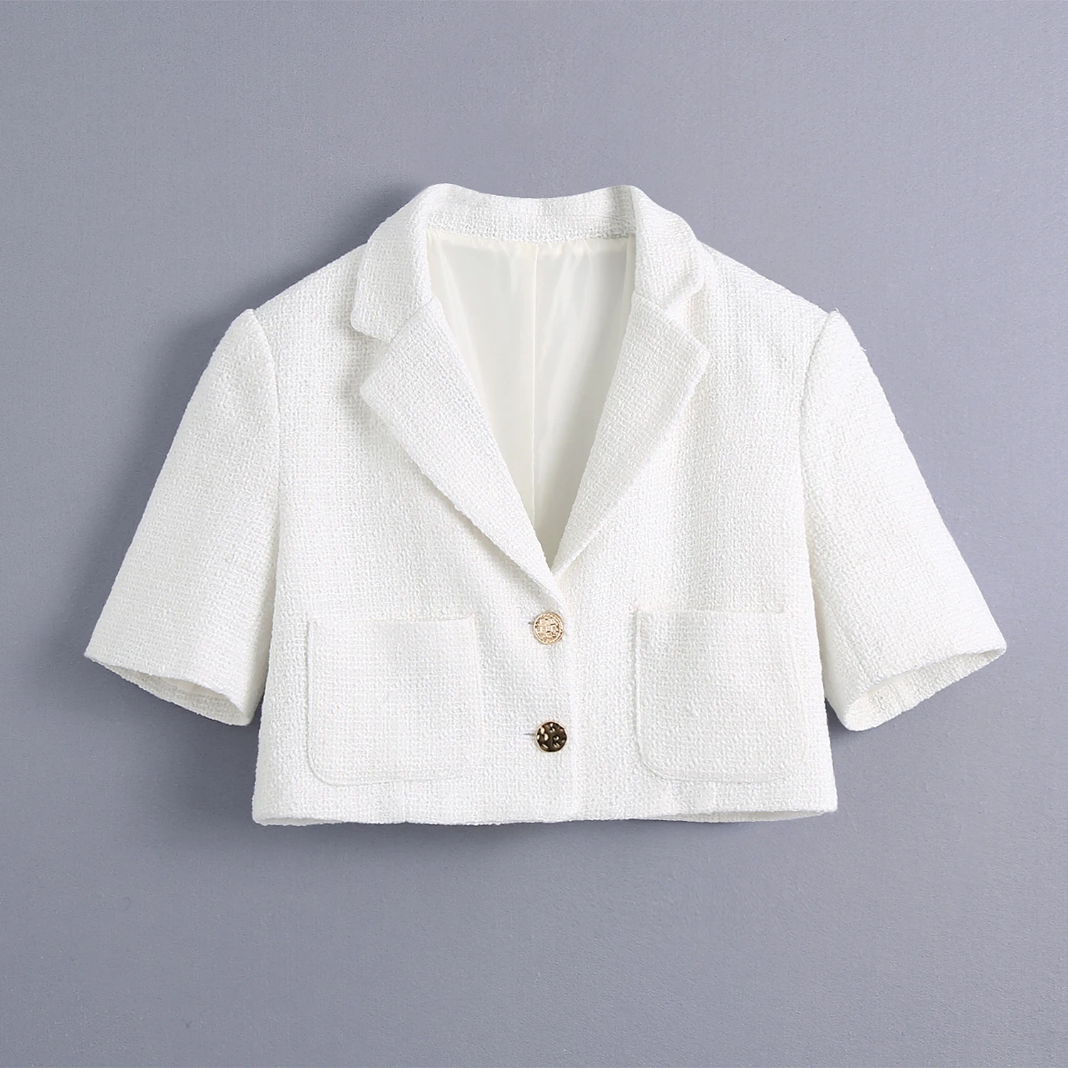 

White color short sleeve women blazers ladies fashion tweed crop jacket