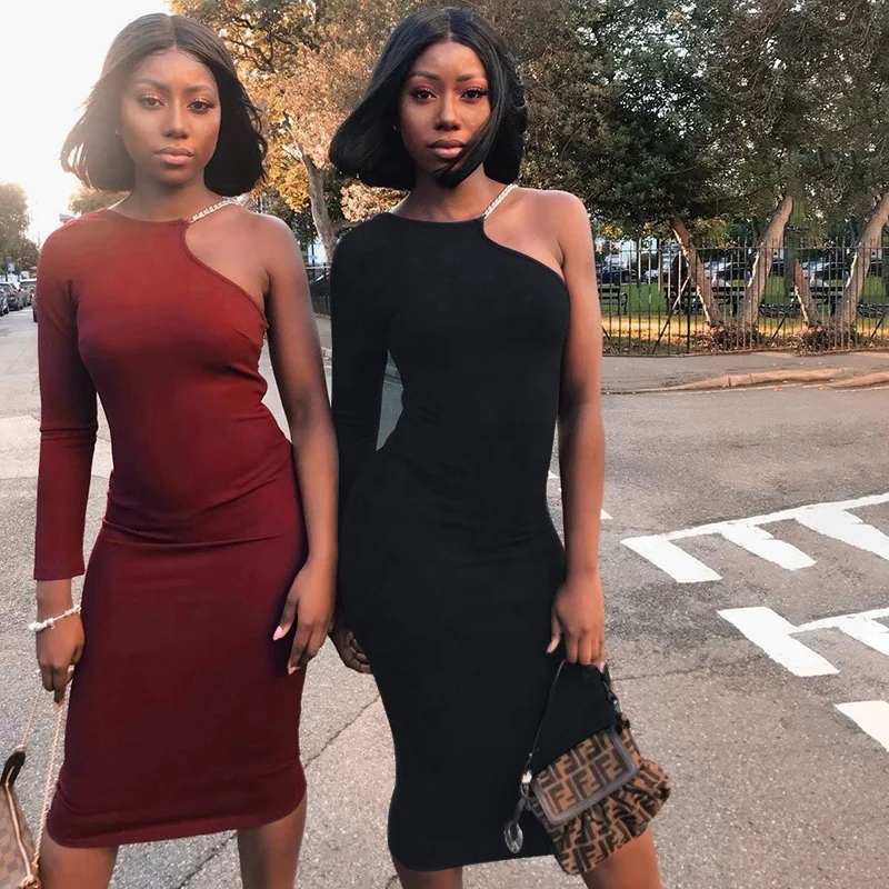 

B62191A 2019 foreign trade cross-border hot-selling new solid color single-shoulder long-sleeve neckline dress