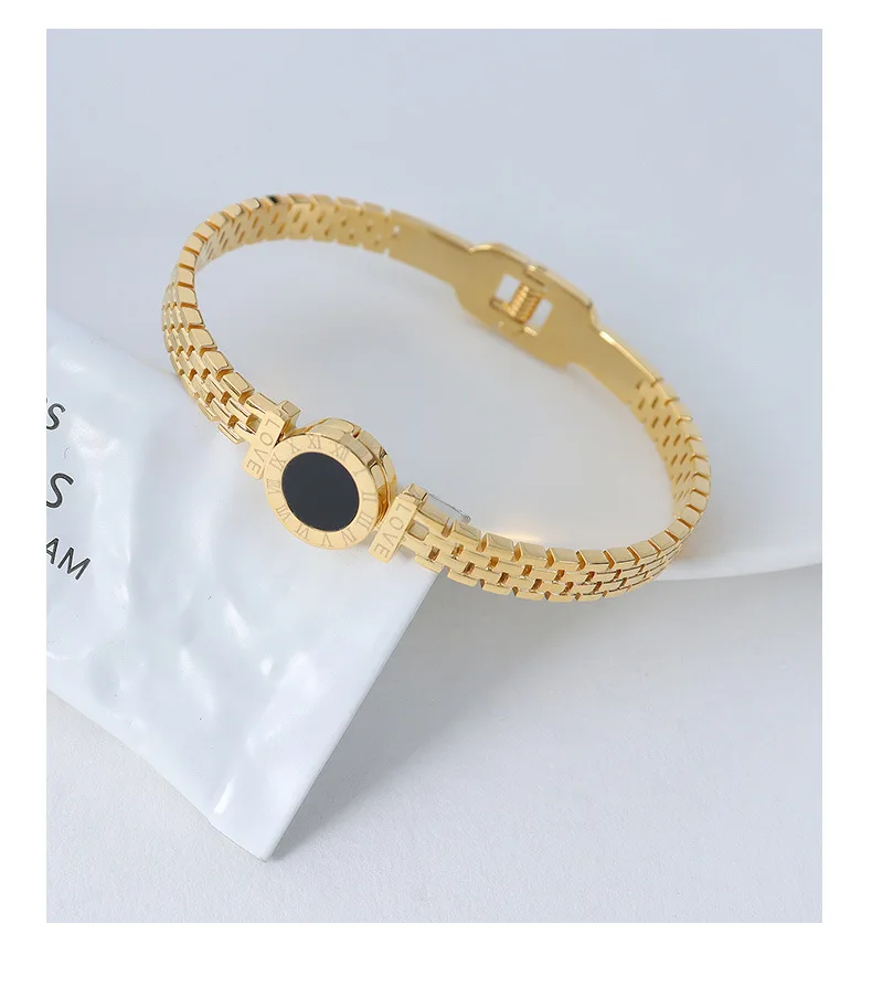 

Delicate Watchband Black Coin Bracelet Stainless Steel 18K Gold Plated Love Jewelry Roman Number Wide Watch Bangle for Gifts