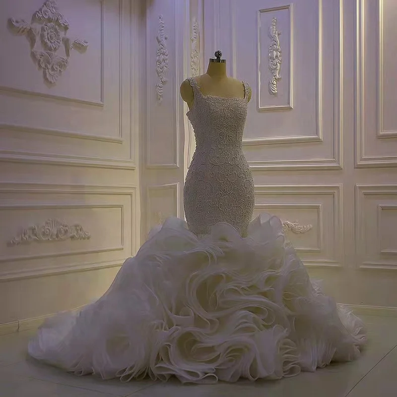 

Am1090 High End Lace Beaded Mermaid Wedding Dress Square Neck Slim Bride