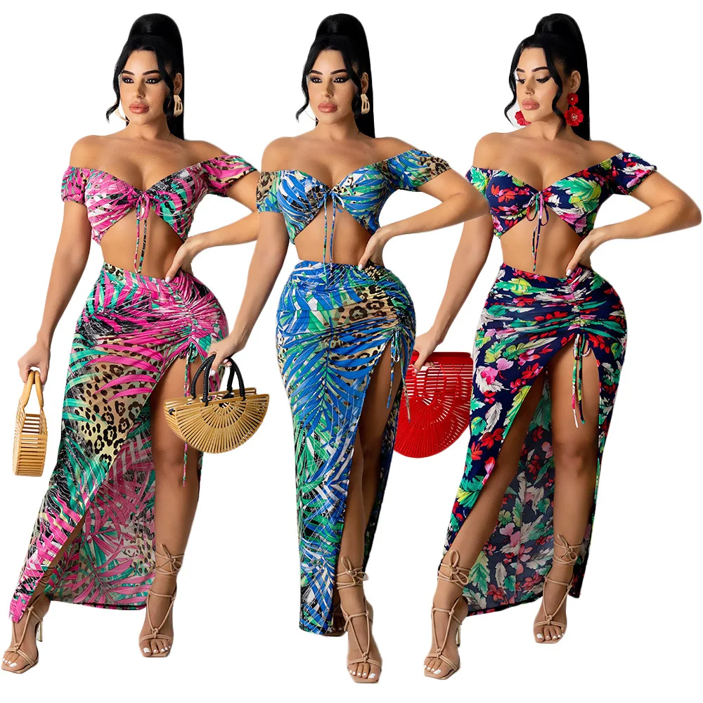

Sexy lace up print crop top hollowed-out drawstring beach dresses 2 piece long skirt suit, As pics