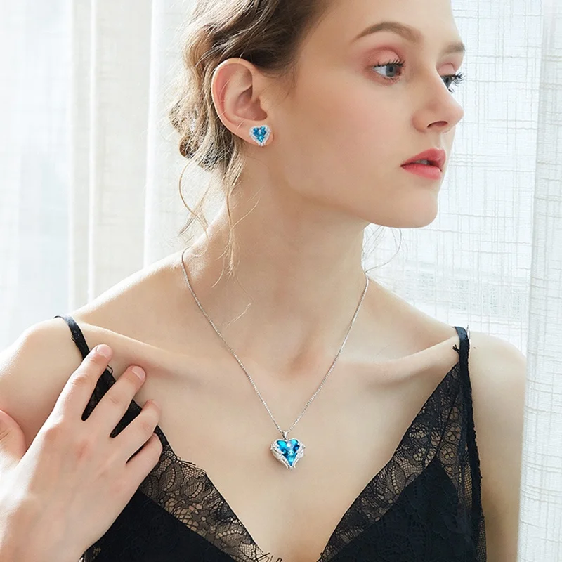 Silver Heart Rhinestone Necklace Earrings Women Zircon Jewelry Set
