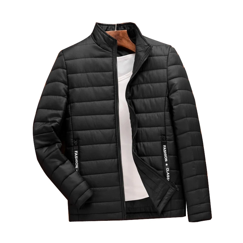 Warm windproof black puffer custom slim mens stand collar outdoor winter down padded bomber jacket