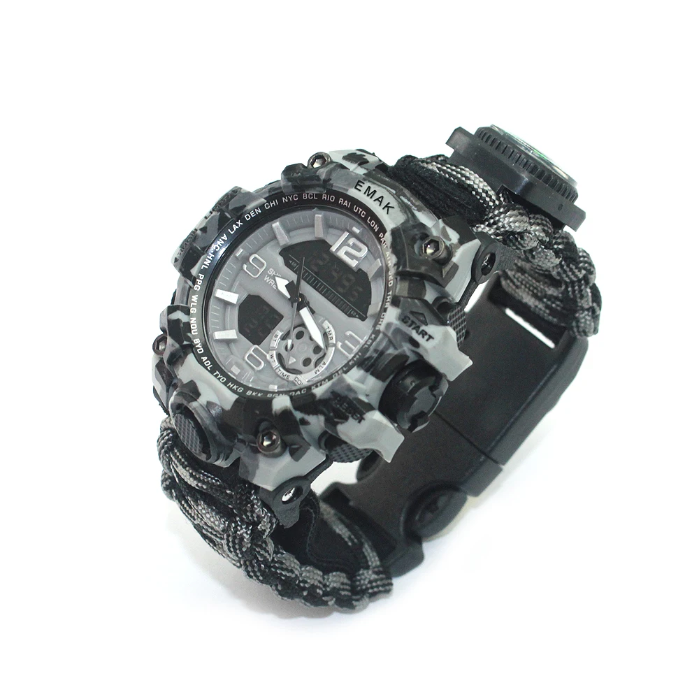 

Hot sale wholesale weave equipment military watch, customized multi-functional adjustable survival paracord bracelet Watch, Black ash camouflage