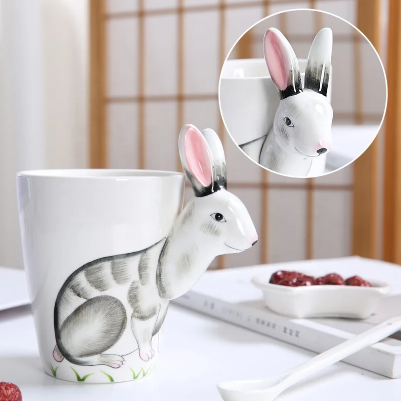 

Dehua factory cheap price lovely rabbit design cup handle 3d animal ceramic porcelain water coffee cup