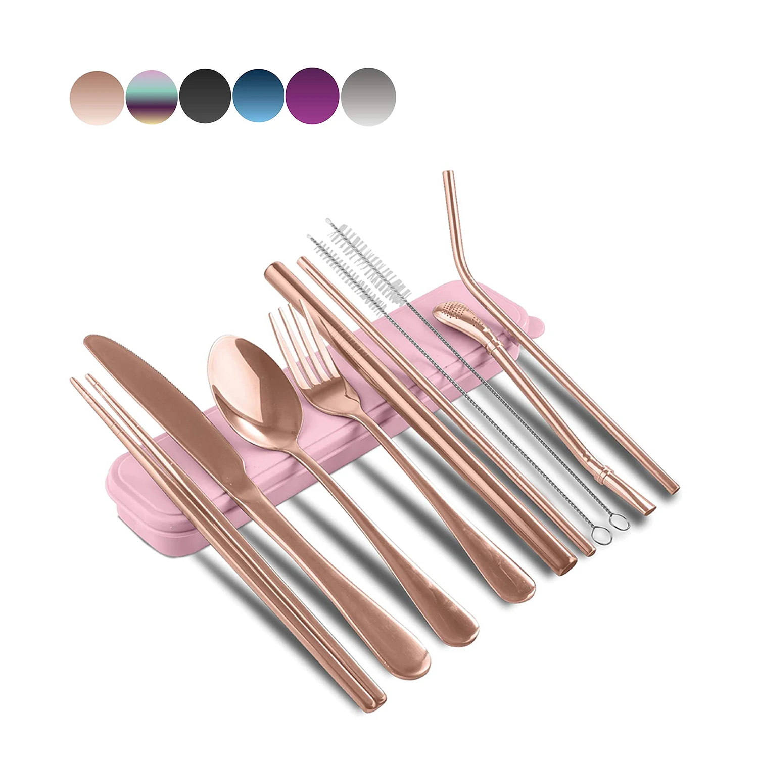 

Wholesale Sale Kids Travel Portable Rainbow Cutlery Set In A Case, Silver/rose gold/black/purple/blue/rainbow