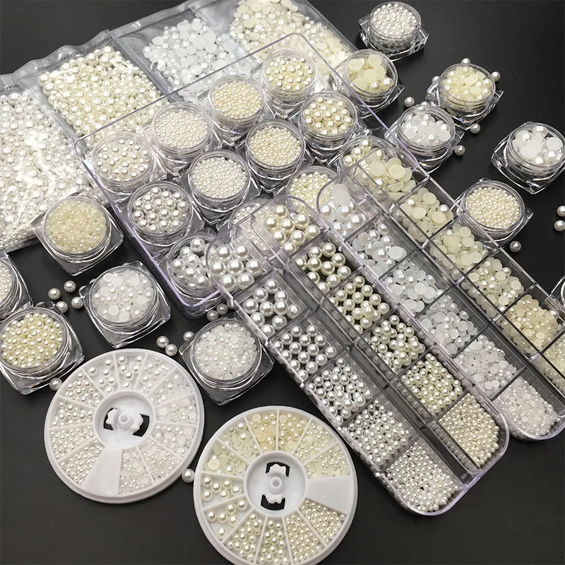 

Bellehome High Quality Nail Art Pearl Stones 4 sizes wholesale 3d nail art Half Round Pearl Stones, White, yellow