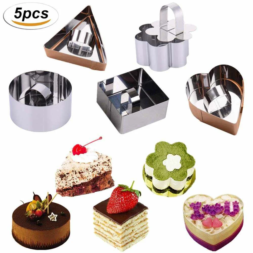 

5pcs/set Stainless Steel Dessert Mousse Mold with Pusher Cooking Rings For Fluffy Pancakes Rice Salad