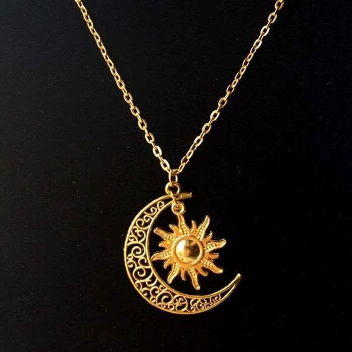 

YiTong custom Vintage BrassPlated Sun Moon Pendant Necklace Colorful Crystal Rhinestone Gold Tone Sun Moon Pendant Necklace, Customized color