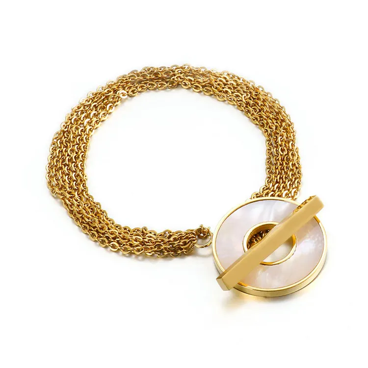

Hollow Stainless Steel Round Shell Multi Chain Bracelet, Gold/ steel