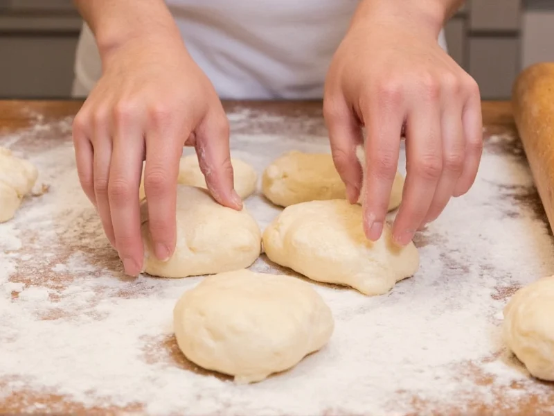 Hands shaping yeast roll dough balls on floured surface