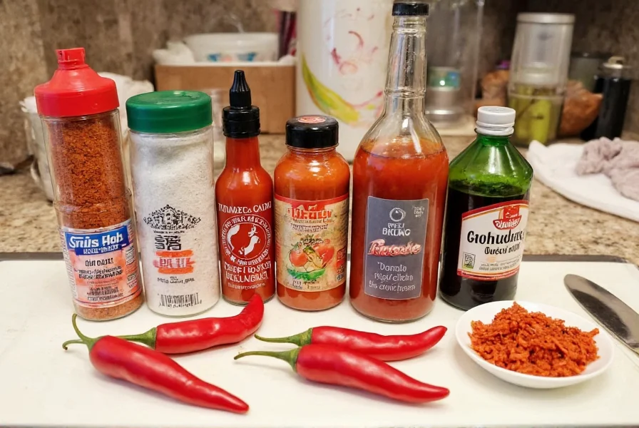 Various chili oil replacement ingredients arranged on kitchen counter including red pepper flakes, sriracha, gochujang, and fresh chilies