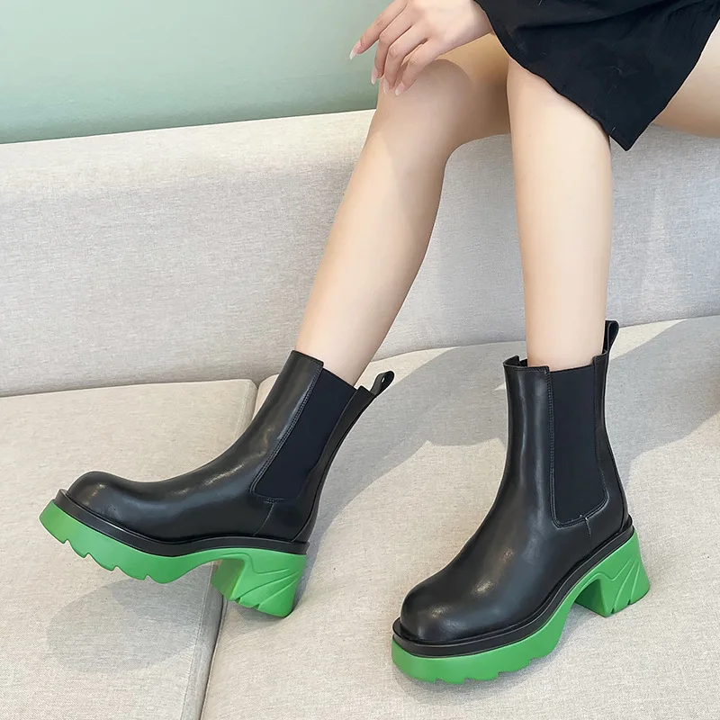 

Drop Shipping Martin Boots Genuine Leather Cowhide 2022 New Green Thick Sole Increased Chimney Street Short Woman Chelsea Boots, 6 colors