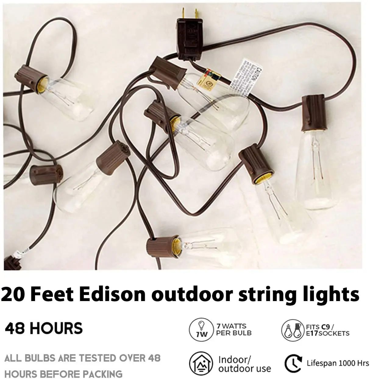屋外 20フィート 10ソケット LED ソーラーエジソン電球 ストリングライト 最大91％オフ！