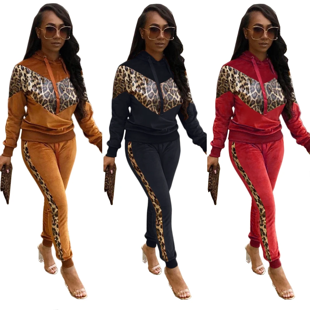 

Women's new leopard print fleece spliced PU solid two-piece set pencil pants for women FM-BL7338, As the picture