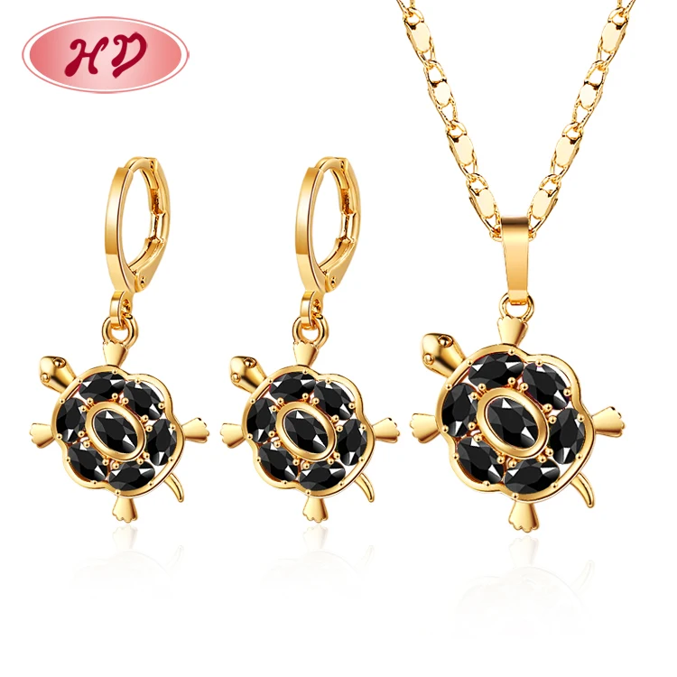 

hot selling products gold plated brass cute turtle women zirconia jewelry set of earring and necklace