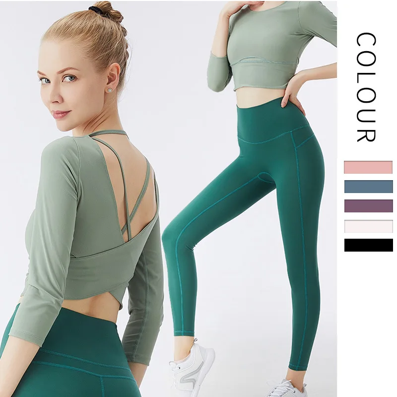 

2020 Custom Logo High Quality Wholesale Seamless Gym Fashion Wear Breathable Yoga Women Sports Clothes Sets (long sleeve+pants)