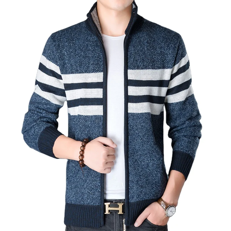 

autumn new arrival high neck long sleeve stripe zipper man winter jacket cardigan, Black and grey