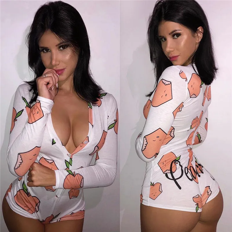 

Wholesale Sleepwear Pajama for Women V Neck Bodycon Funny Tight Fruit Printed Long Sleeves Bodysuit Short Romper Adult Onesie