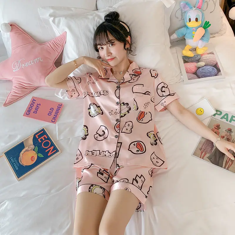 

Korean Pjs Short Pyjama 2 Peice Girl Pijama Mujer Satin Sleep Lounge Wear Clothing Two Piece Pajama Set Women Sleepwear For Silk